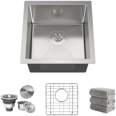 15x15 Inch Undermount Bar Sink 16 Gauge Stainless Steel Single Bowl Small Kitchen Sink Handmade with Accessories Outdoor Wet RV Bar Prep Sink by BuyNow