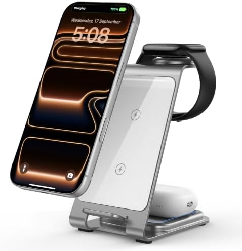 Intoval Aluminum 3 in 1 Wireless Charging Station for iPhone 17 16 15 14 13 12 11 Pro Max XR, Wireless Charger for Apple Watch 11 10 9 8 7 Ultra SE 3 2, Phone Charger for AirPods 4 Pro 2 3 (Silver) by Intoval