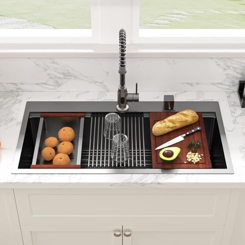 Sarlai 36 Inch Black Drop In Kitchen Sink Workstation 36x19 Drop In Kitchen Sink Black Stainless Steel Topmount Workstation Sink 16 Gauge Deep Single Bowl Top-mount Kitchen Sink - Image 2