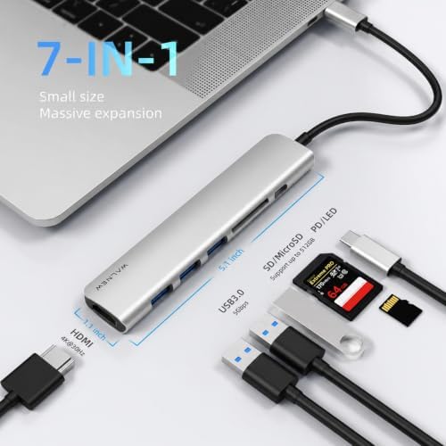 WALNEW 7-in-1 USB C Hub, 4K HDMI, 100W PD, SD/TF Reader, USB 3.0, Silver - Image 2