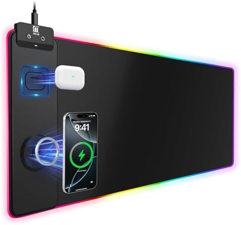 Mouse Pad with Magnetic Wireless Charging, Large Desk Pad Protector, RGB Black Mousepad Desk Mat with 15W Fast Charger, 4mm Thick Non-Slip, Waterproof Laptop Writing Pad for Office, Home, Gaming by miroddi