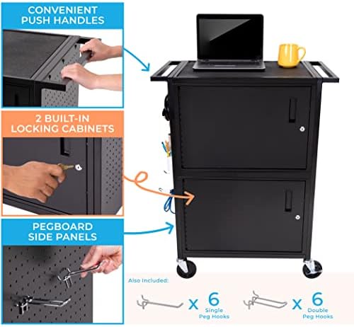Line Leader Stellar AV Cart - Computer Cart with Customizable Pegboard & Hooks, Dual Locking Cabinets, UL Certified Power, Mobile Workstation with Locking Wheels, Ideal for Laptop & Charger Storage - Image 3