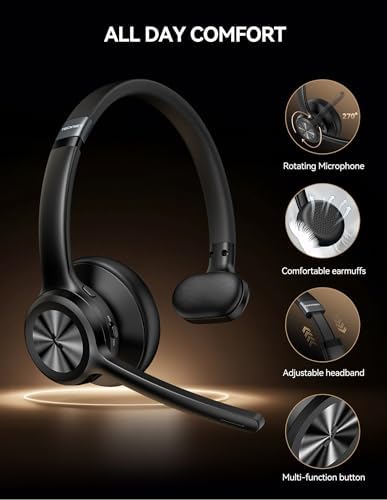 TECKNET Trucker Bluetooth Headset, Wireless Headset with Mic for Work, V5.2 Bluetooth Headphones with AI Noise Cancelling Microphone, 60H Battery, On-Ear Headphones for Call Center, Office, Drivers - Image 6