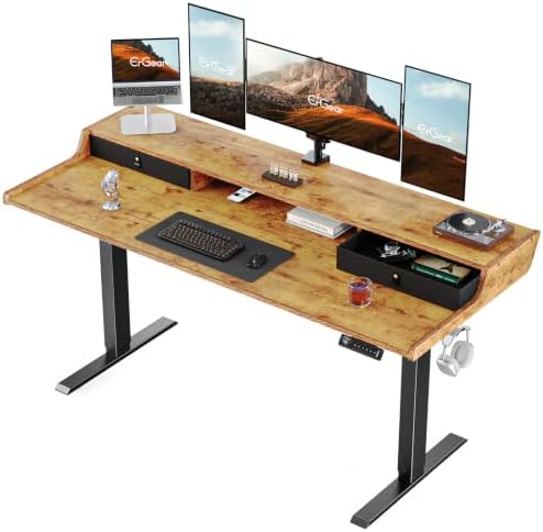 ErGear Electric Standing Desk with Drawers, 63″ x 28″ Gaming Table Compatible Monitor Stand, Stand up Desks, Home Office Height-Adjustable Desk with Storage Shelf, 4 Preset Heights, Vintage Brown by ErGear