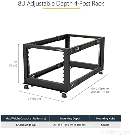 StarTech 8U 4-Post Server Rack, 19in Open Frame Rack with 40in (101cm) Mounting Depth and 1200lb (544kg) Weight Capacity, Mobile or Floor Mount IT Rack - Image 2