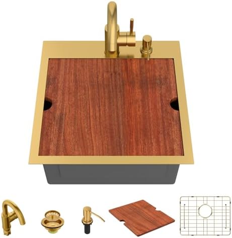 Lordear 18x18 Matte Gold Bar Sink with Faucet Drop In Workstation by LORDEAR