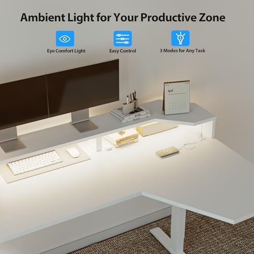 Agilestic 63*35 Inch L Shaped Standing Desk with Shelf & Led& Outlet, White - Image 7