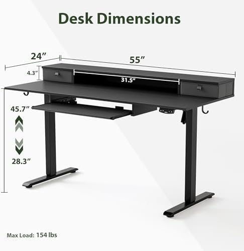 Agilestic 55 Inch Standing Desk with Drawers & Keyboard Tray, Black - Image 3