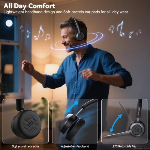 Wireless Headset with Mic for Work, Wireless Headphones with Mic(Noise Cancelling & Mute Button),65H Battery with Charge Base Bluetooth Headset with Microphone for PC/Call Center/Computer/Teams/Zooms - Image 5
