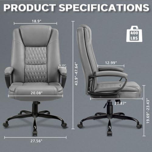 LEMBERI High Back PU Leather Executive Office Chair, Adjustable Swivel Computer Desk Chair with Padded Armrests for Home Office, Grey - Image 3
