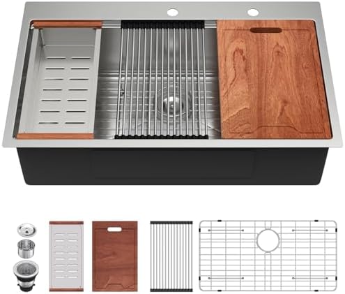 Lordear 36 Drop In Kitchen Sinks Worktation 16 Gauge 36x22 Inch Stainless Steel Single Bowl Ledge Worktation Topmount Overcounter Handmade Kitchen Sink Basin With Cutting Board by LORDEAR