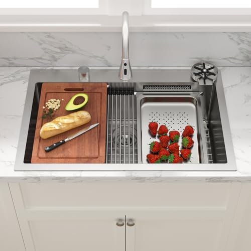 Sarlai 33 Inch Waterfall Kitchen Sink - 33x22 Inch Drop In Kitchen Sink Ledge Workstation Topmount Multifuctional Smart Stainless Steel 16 Guage Single Bowl Sinks Basin with Faucet - Image 3