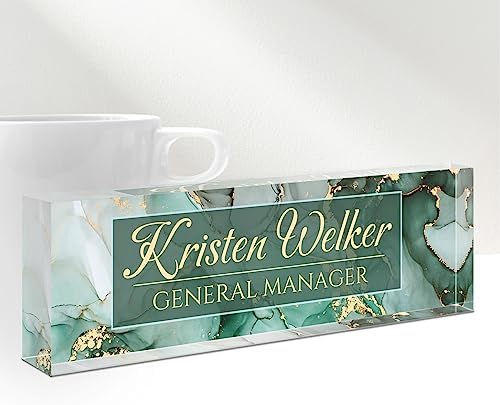 Personalized Office Name Plate for Desk - Custom Employee Appreciation Gifts - Acrylic Desk Name Plate Personalized - Staff Appreciation Gift for Teacher, Coworker, Nurse, Manager (Green Marble) by Gowelly