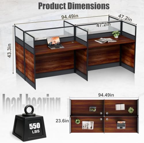 4 Person Cubicle Workstation Desk with Privacy Panels and Cable Management, Modular Long Office Desk for Commercial Workspace, Sound Dampening Partition Wall (Walnut-B, 94.5IN) - Image 2