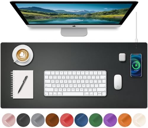 Desk Mat with Wireless Charging, Black Mouse Pad with Wireless Charger, Desk Pad Matt for Desktop, Mousepad Gaming Large Mouse Pad, Leather Compute for Keyboard and Mouse, 32" x 16" by HopeLum