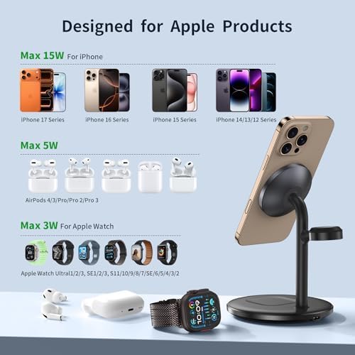 XooFly 3 in 1 Wireless Charging Station for Apple Devices, 15W Fast Wireless Mag-Safe Charger Stand with 20W Adapter for iPhone 17 16 15 14 13 12 Pro Max/Air/Plus/Pro, iWatch, AirPods (Black) - Image 6