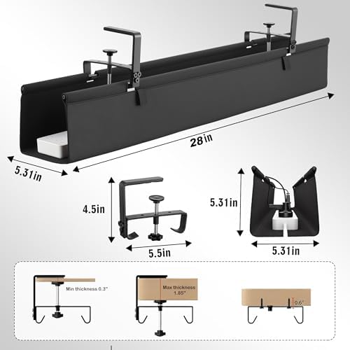 Desk Cable Management Tray, Fabric Cable Organizer, No Drill Large Clamp/Screw Mount Wire Organizer-Support Up to 30lbs, Standing Desk Cable Management for Office Home (Black,28 Inch) - Image 2