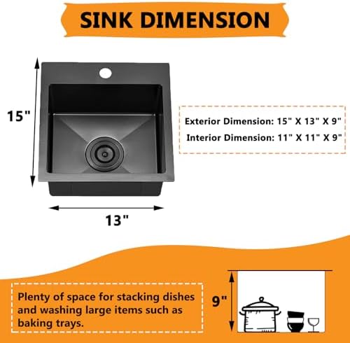 VAPSINT 13x15 Inch Black Drop In Bar Sink, Single Bowl Top Mount Handmade Gunmetal Black Wet Bar Prep RV Sink, 16 Guage Stainless Steel Outdoor Small Kitchen Sinks with Grid & Drain Strainer - Image 4
