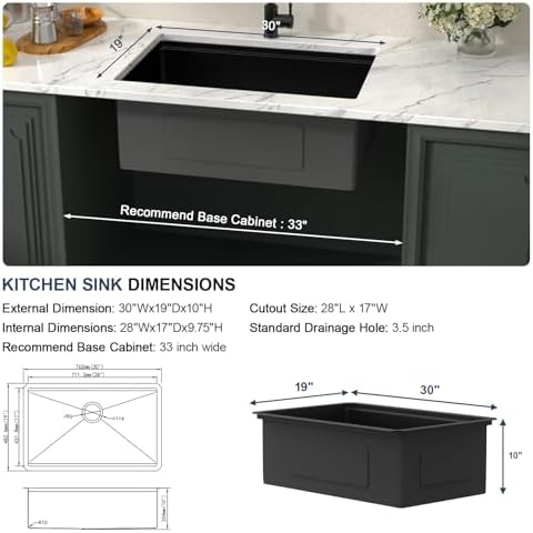 Lordear Matte Black Kitchen Sink 30 Inch Undermount Ledge Workstation T304 16 Gauge Stainless Steel Single Bowl Under Counter Basin with Built-in Accessories 30x19x10 Inch - Image 6