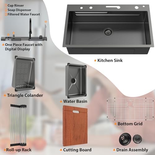 Mocoloo 33 Inch Black Honeycomb Waterfall Kitchen Sink Drop in, 33x19 Inch Stainless Steel Workstation Sink 16 Gauge Topmount Single Bowl Sink with Complete Kit - Image 7