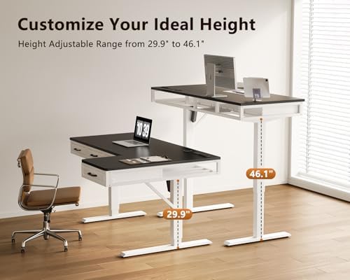 OffiGo 55 Inch L Shaped Standing Desk with 4 Wooden Drawers, White+Black - Image 5