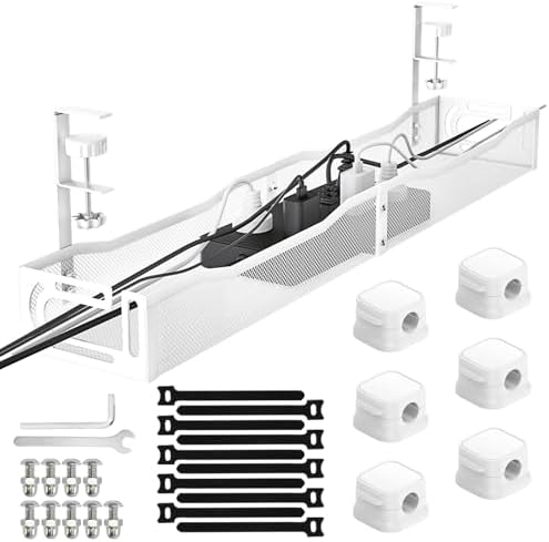 No Drill Under Desk Cable Management Tray, SONATURE 25.3" Cord Organizer for Table, Clamp Mount Desk Cable Management, Premium Carbon Steel Cable Organizer for Office, Home (White) by SONATURE