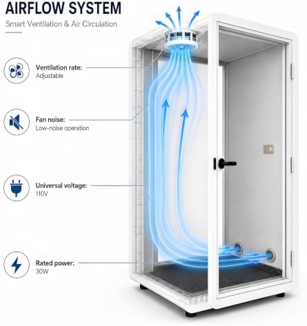 Soundproof Office Pod Booth, 1 Person Office Phone Booth with Solid Wood Desk, Mobile Acoustic Privacy Booth with Casters for Calls, Video Meetings & Focus Work, 10mm Glass, 110V Power, USB & RJ45 - Image 6