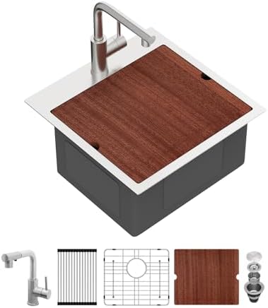 Sarlai Drop Bar Sink - 18 Inch Outdoor Kitchen Sink with Pull-out Faucet Drop In Workstation 18 x 18 Topmount Stainless Steel 16 Gauge Single Bowl Bar Prep RV Outdoor Sinks Basin by Sarlai