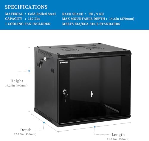 RackPath 9U Wall Mount Network Rack Cabinet – Quiet Cooling Fan, Locking Glass Door, 17.7" Deep (450mm), Removable Locking Side Panels, Fits 19" IT & A/V Equipment - Image 2