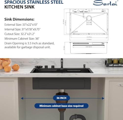 Sarlai Black Waterfall Drop Kitchen Sink 33 Inch Drop In Workstation Sink - Image 6