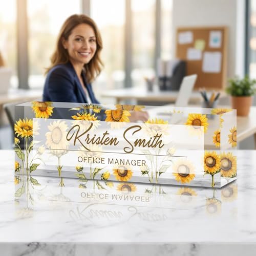 Personalized Name Plate for Desk Custom Desk Name Plate Acrylic Office Desk Accessories Decor for Women Teacher Nurse Boss Employee Appreciation Gifts for Mother Sunflower Name Plates - Image 2