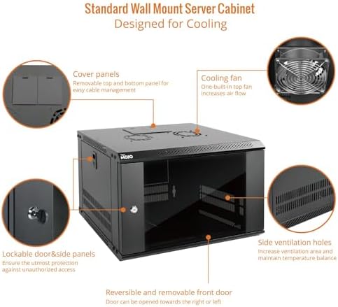 Tecmojo 6U Wall Mount Server Cabinet IT Network Rack Enclosure Lockable Door and Side Panels Black, Cooling Fan, Standard Glass Door, 450mm Depth, for 19” IT Equipment, A/V Devices - Image 3