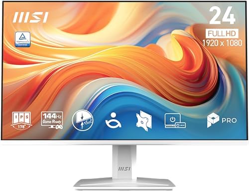 msi PRO MP243W E14 24-inch IPS 1920 x 1080 (FHD) Computer Monitor, 144Hz, Adaptive-Sync, HDR Ready, HDMI, Display Port, VESA Mountable, Tilt, 4-Side Slim Bezel, 1ms, White by Unknown