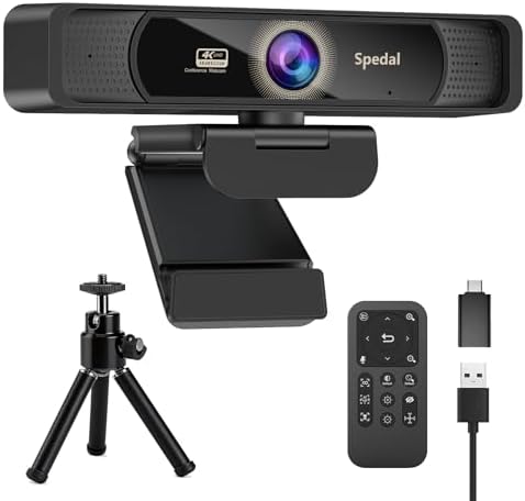 Spedal 4K Webcam with Tripod, Wide Angle 120° USB Webcam, Sony 1/2.8" Sensor, Dual Microphones, Remote Control, Auto Focus for Video Conferencing, Online Meetings, Streaming, Zoom & Teams by Spedal