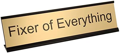 ExcelMark Fixer of Everything Desk Plate – 2"x 8"Novelty Name Plate – Gold Name Plate with Black Desk Holder by ExcelMark