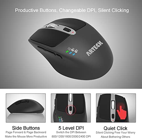 Arteck Wireless Bluetooth Mouse with Nano USB Receiver, Black, 4-Month Battery Life, Ergonomic Design - Image 3