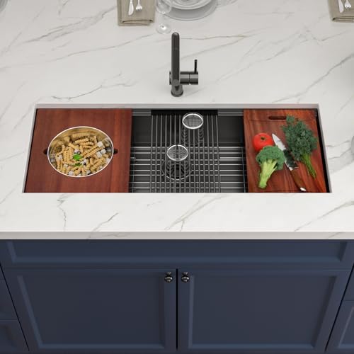 45x19 Black Undemrount Workstation Kitchen Sink with Mixng Bowl - Image 3
