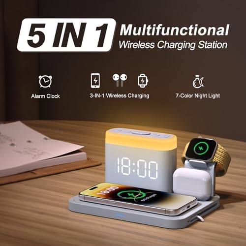 ANJANK Wireless Charging Station with Alarm Clock & Night Light,Magnetic 5 in 1 Charger Stand for Multiple-Device,Charging Dock for iPhone 17 16 15 14 13 12 Pro Max Plus,Apple Watch,Airpods,Nightstand - Image 2