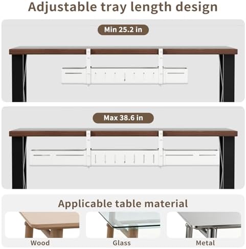 Under Desk Cable Management Tray, Expandable 25.2"–38.6" Cable Tray, White - Image 2