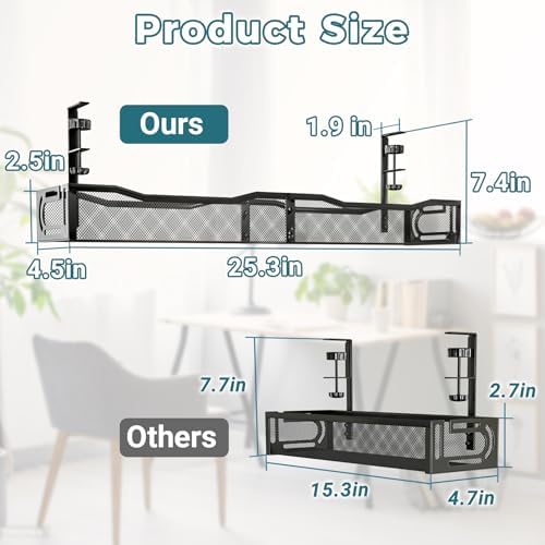 Cable Management Under Desk, 25.3'' No Drill Desk Cable Management Tray with Clamp, Metal Cord Organizer for Standing Desk, Computer Wire Management for Home Office & Gaming Setup, Black - Image 2