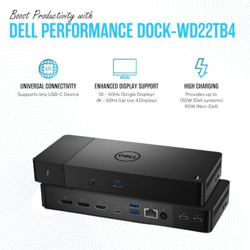 WD22TB4 Dell Thunderbolt 4 Dock 40Gbps USB-C/USB A - Dell Docking Station Dual Monitor with 180W, HDMI & DisplayPort Cable - Supports 4K Displays & Upto 3 Monitors (Renewed) - Image 3