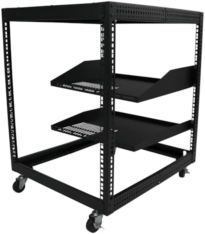 Pearington 12U Open Frame Server Rack, 23''-40'' Adjustable Depth, Free Standing or Wall Mount, 4 Post AV Rack with Casters, Holds Networking IT Equipment AV Gear Router Modem by Pearington