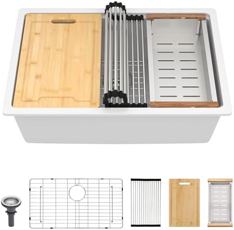 Lordear 28 White Undermount Kitchen Sink Composite Granite Sink 28x19 Inch Quartz Sinks Workstation Under Counter Kitchen Sinks by LORDEAR