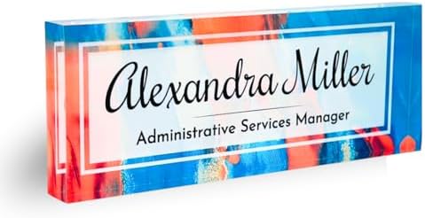 Customized Clear Acrylic Thick 8x3" Desk Name Plate Block with Personalized Logo - Professional Office Decor - Customized Acrylic Plate Gift for Teacher Co-workers (Orange-Blue Dream) by ClickedCraft