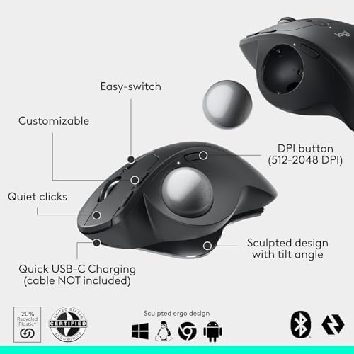 Logitech MX Ergo S Wireless Trackball Mouse, 2.4 dpi Laser Sensor, 6 Programmable Buttons, 4-Way Scroll Wheel for PC/MAC Bundle with Mouse Pad (Black) + Microfiber Cleaning Cloth - Image 6
