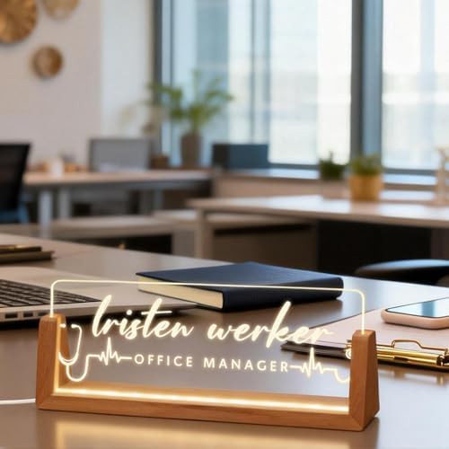 Personalized Light Up Acrylic Desk Name Plate - Custom Name Plate for Desk with Walnut Wood Base - Appreciation Office Gifts for Employees, Teacher, Social Worker (Nurse) - Image 6