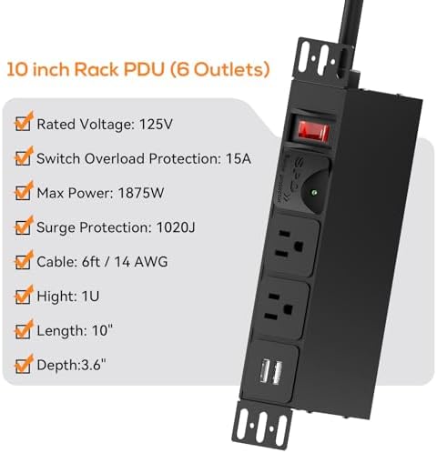 10 inch Rack PDU, 1U 6 Outlets(2 in Front, 4 in Back) Surge Protected,14AWG - Image 4