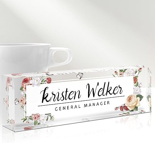 Desk Name Plate Personalized, Custom Name Plates for Desks, Personalized Acrylic Name Plate for Desk, Office Gifts for Coworkers, Boss, Employee, Teacher, Nurse, Doctor (Wild Rose) by Gowelly