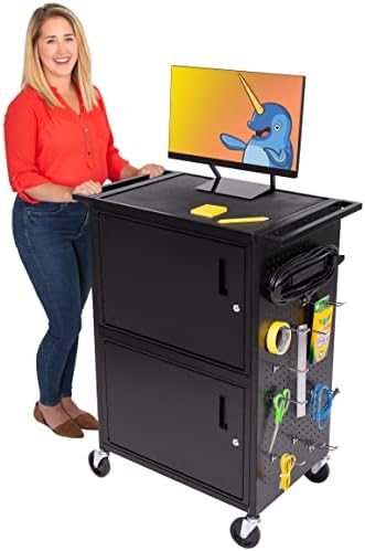 Line Leader Stellar AV Cart - Computer Cart with Customizable Pegboard & Hooks, Dual Locking Cabinets, UL Certified Power, Mobile Workstation with Locking Wheels, Ideal for Laptop & Charger Storage by StandSteady