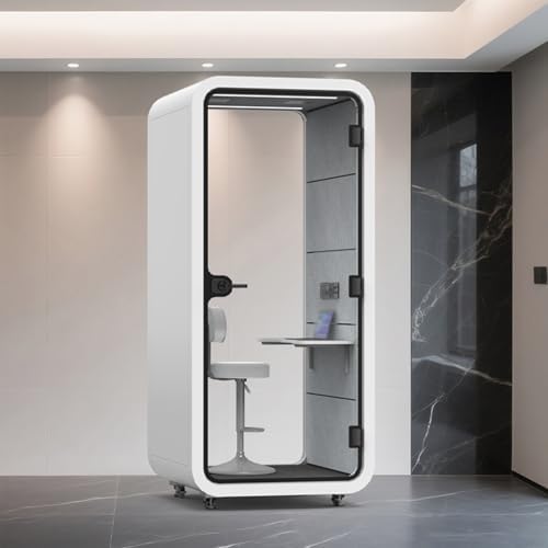 Quiet Meeting Pod with Acoustic Panels, Mobile Office Pod Booth, Built-in Ventilation System, Mobile Focus Room with Wheel&LED Lighting for Private Phone Calling(White,110cm) by Unknown